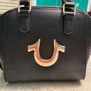 True Religion Black logo strap Satchel with Gold Accent 100% new